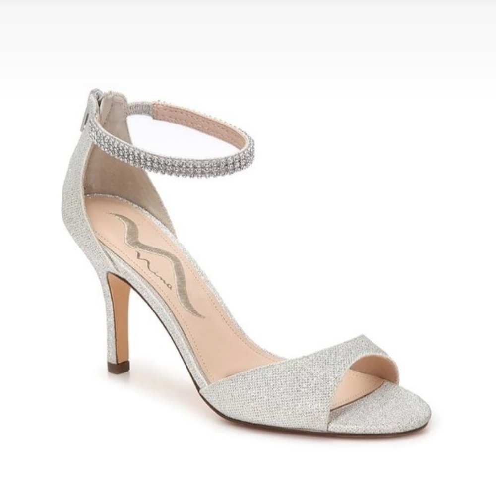 Nina Varetta Silver Bliss Heels with Glitter Sparkle Rhinestone Open Toe Size 10 - Picture 1 of 8